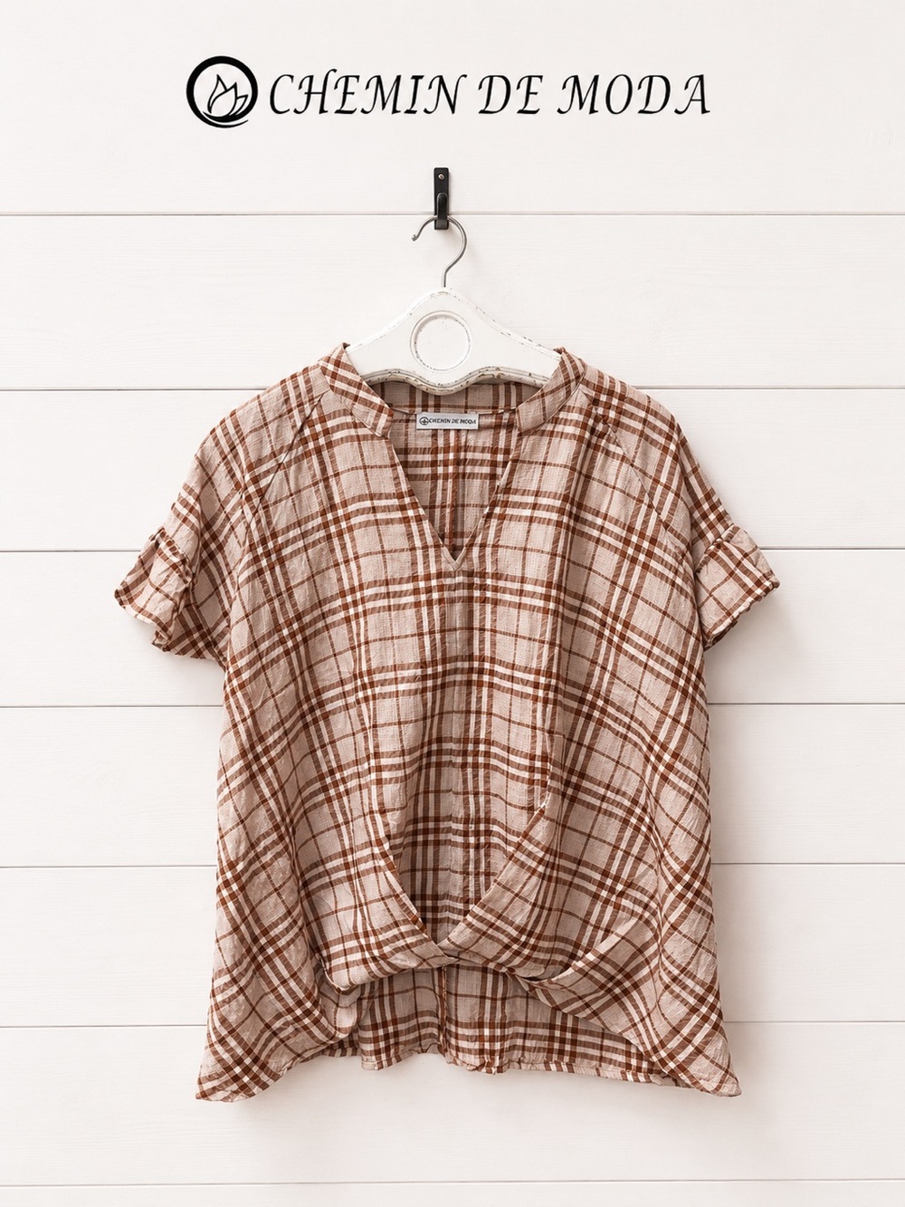 CHEMIN DE MODA Plaid Flutter Sleeve Blouse Estimated XL
